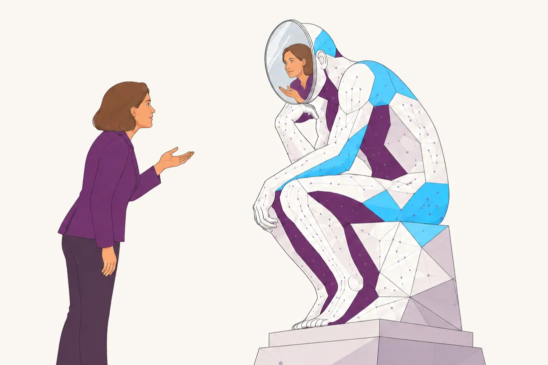 Une dirigeante en veste violette, la main ouverte, s’adresse au Penseur de Rodin en version IA, statue facettée parcourue de circuits. À la place du visage de la statue, un miroir lui renvoie son propre reflet, la main tendue de la même façon.