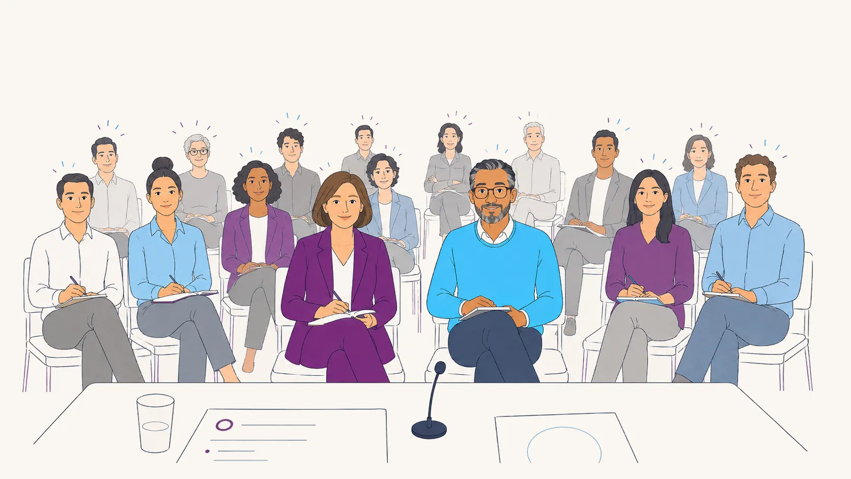 Un public attentif lors d’une conférence ; au premier rang, deux dirigeants suivent l’orateur, l’attention gagne peu à peu toute la salle.